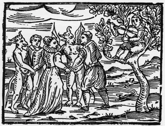 Häxorna på sabbaten som dansar till ljudet av fiolen - "Compendium Maleficarum", handlar om häxorna, deras ondska och deras sortileges av Francesco Maria Guazzo eller Guaccio eller Guaccius (15?? -16??) 1608 privatsamling