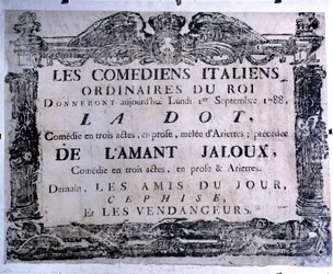 Teateraffisch som presenterar stycket "The dot" och "The jealous lover"" framfört av italienska komiker, 1788-09-01. Paris. Carnavalet Museum