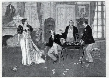 Teaterrepresentation: "" The Systeme Ribadier"", vaudeville av Georges Feydeau (1862-1921) och Maurice Hennequin (1863-1926) på Theatre du Palais-Royal i Paris. Gravyr i "Le monde illustree" från 1892. Privat samling.