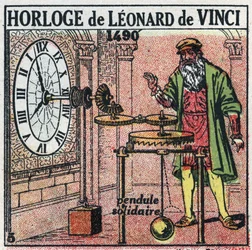 Tid: viktklocka uppfann av Leonard de Vinci (Leonardo da Vinci) (1452-1519) 1490. Den ersätter broschyren med en vertikal balans. Anonym illustration från 1925. Privat samling.