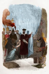 Tomas de Torquemada (1420-1498), dominikansk munkorganisatör av inkvisitionen i Spanien. Färgstick av 1800-talet. Illustration i "" Mysteres of the Inquisition and Other Secretive Societies of Spain"" Av Victor de Fereal, Suberwick, Manuel Galo