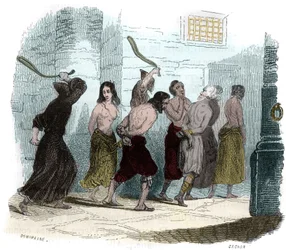 Tortyr under inkvisitionen i Spanien på 1500-talet: Piskans plåga. Illustration i «Inkvisitionens och andra hemliga sällskaps mysterier i Spanien» av Victor de Fereal, Suberwick, Manuel Galo de Cuendias. Utgiven av P. Boizard