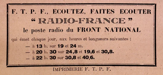 Flygblad från FFI-FTPF med uppmaning att lyssna på Radio France, "Front Nationals radiostation"