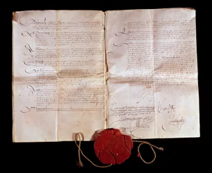 Freden i Cateau-Cambrésis mellan Henrik II (1519-1589) och Filip II av Spanien den 3/04/1559. Frankrike återlämnar sina italienska territorier till Spanien. Detta fördrag avslutade de italienska krigen. Paris, Nationalarkivet