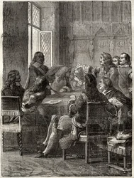 Freden i Rijswijk (Freden i Rijswijk, 30 oktober 1697) (slutet på Augsburgska ligans krig mellan Ludvig XIV och den stora alliansen). Gravyr från 1800-talet. Privatsamling.