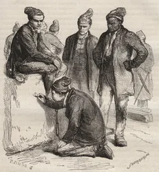 Typer av gallerier från Brest Bagne på 1800-talet. Gravyr i "Fångarnas historia från deras skapelse till idag" (1877) av Pierre Zaccone (1817-1895) (Colonia Penale - Straffkoloni). Privat samling.