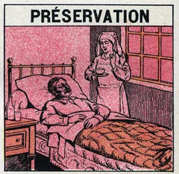 Ultravioletta strålar: för att undvika ärr orsakade av smittkoppor bör patienterna behandlas i rum eller endast gå in i rött ljus, fritt från ultravioletta strålar. Anonym illustration från 1925. Privat samling.