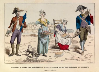 Paraplyhandlare, blomsterhandlare, madrasskardare och bälghandlare i Paris på 1700-talet - Paraplyförsäljare, blomstersäljare, kardnings- och bälgförsäljare på 1700-talets Paris - privat samling