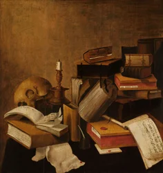 Vanitas stilleben med böcker
