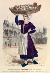 Grönsaksförsäljare i Paris på 1500-talet (i bakgrunden, vy av fd räkenskapskammaren, batie under Ludvig XI och brulee den 27 oktober 1737) - Grönsaksförsäljare
