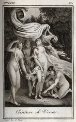 Venusbälte: Medan striden fortsätter att gynna trojanerna, använder Junon Venus bälte för att charma Jupiter och sömn för att få honom att somna. Gravyr från 1819 i "Lettres a Emilie sur la mythologie" av Charles Albert Demoustier (1760-1801). Privat samli