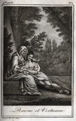 Vertumne och Pomone (Jupiter och Ceres): Vertumne, förälskad i nymfen Pomone, klär ut sig som en gammal kvinna för att närma sig henne. Gravyr från 1819 i "Lettres a Emilie sur la mythologie" av Charles Albert Demoustier (1760-1801). Privat samling.