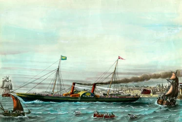 Vessel a wheel la Victoria”” som serverar mellan Boulogne sur mer och Folkestone””” Gravyr från 1800-talet. Privat samling