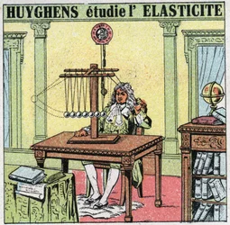 Vibrationsrörelser: Christiaan Huygens (1629-1695) studerar materialets elasticitet genom att observera elfenbenspärlor. Anonym illustration från 1925. Privat samling.