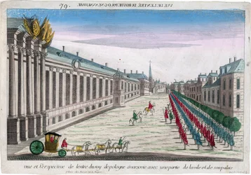 Utsikt och perspektiv av ingången till kungen av Polen i Warszawa med hans palats - Anonym - 1735 - Kopparstick, akvarell - 29,2x41,8 - Privat samling