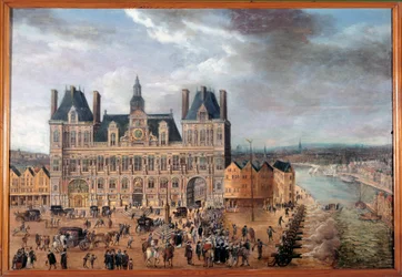 Utsikt över Place de Greve och stadshuset i Paris under en offentlig fest omkring 1640 Anonym målning, olja på trä