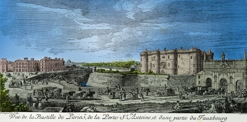 Utsikt över Bastiljen i Paris, Porte Saint Antoine och en del av faubourg på 1700-talet, Gravyr, Privat samling