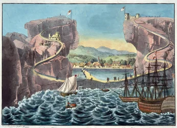 Utsikt över ön St. Helena från sidan av landningsplatsen nära Fort James - Anonym - 1815 - Akvatint - 46,7x54,5 - Privat samling