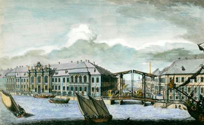 Vy över det tidigare vinterpalatset av Moika och Neva-kanalen i Sankt Petersburg 1700-talsgravyr. Sankt Petersburg, Hermitagebiblioteket
