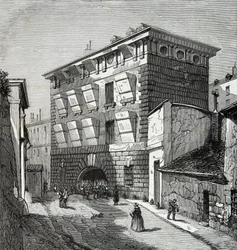 Utsikt över det tidigare fängelset La Force, rue du roi de Sicilien i Paris på 1800-talet, Gravyr, Privat samling