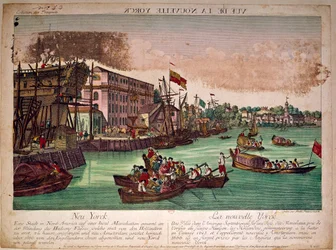 Utsikt över hamnen i staden New York (New York) i USA, till vänster ett varv. Mynningen av Hudsonfloden och Manhattan Island. Gravyr av 1700-talet. Privat samling