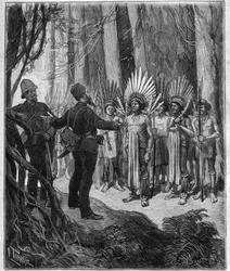 Voyage of Henri Coudreau (1859-1899), professor i geografi och upptäcktsresande i det indiska territoriet i Guyana - han fick av Roucouyan-kockar - gravyr i "Journal des voyages" från 1889.
