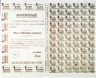 Första världskriget: ransoneringskuponger för bröd, smör, socker och ris (tryck, ca 1914-1918)