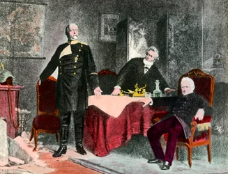 Kriget 1870: politisk intervju mellan förbundskansler Bismarck (1815-1898), Jules Favre (1809-1880) och Adolphe Thiers (1797-1877). Gravyr omkring 1870. Privat samling