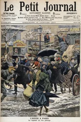 Vinter i Paris: pinnarna vadar i den smälta snön och förbipasserandes flit. Gravyr på framsidan av Petity Journal