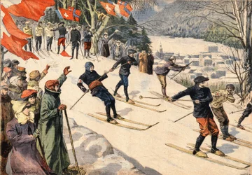 Vintersport: Skidtävling i Chamonix i Haute Savoie i Alperna, Frankrike. Schweiziska och franska flaggor uppmuntrar skidåkare. Gravyr från tidningen "" Le Petite Parisien""