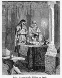 Häxkonst och svart magi: "" Herren Robert III av Artois (1287-1342) förtrollar Johannes av Valois (Johannes II, känd som Johannes den gode), son till kung Filip VI, på en vaxdocka i hans bild (voodoo)