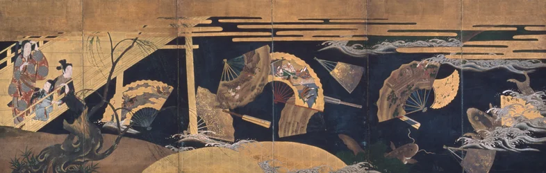 Kvinna som beundrar flytande fläktar, skärm, Edo-period