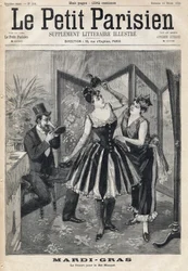Kvinnor som förbereder sin utklädnad bakom en skärm och man som provar sin mask i form av ett elefantrör för Mardi Gras Mask Ball (Mardi-Gras). En av tidningen "" Le Petit Parisien"" den 19/02/1893.