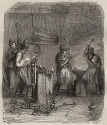 Arbetarstyrkor vid Rochefort Bagne på 1800-talet. Gravyr i "Fångarnas historia från deras skapelse till idag" (1877) av Pierre Zaccone (1817-1895) (Colonia Penale - Straffkoloni). Privat samling.