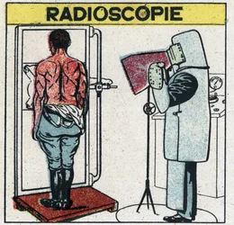 Röntgen: radioskopi av en människokropp. Radiologen skyddar sig mot röntgenstrålning genom att bära en gummiduk med en gummiupplösning innehållande blysalter, hans huvud är täckt med en mössa och hans händer med handskar av samma tyg, hans ögon är pr.