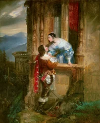 Ung man som uppvaktar har en dam på sin balkong Illustration till "Romeo och Julia" av William Shakespeare (1564-1616). Anonym målning från 1800-talet. Lyon, musee des Beaux Arts - Ung man som uppvaktar en ung dam, balkongscen. Illustration för "