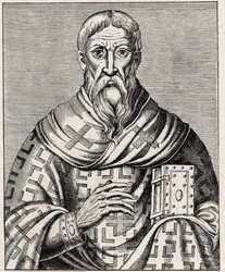 porträtt av Areopagiten Dionysius - Porträtt av Areopagiten Sankt Denys (1:a århundradet), grekisk biskop - Gravyr efter en illustration av "Life of illustrious Men" av Thevet - I "" The Catholic Missions in the XIXeme Century"" av Louis- Eugene (Louis
