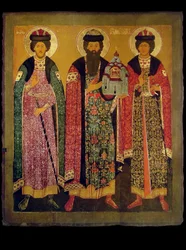 Den helige Vsevolod Mstislavich, prins av Pskov med de heliga Boris och Gleb, tidigt 1600-tal.