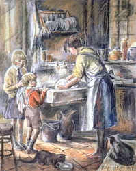 Helping with the Washing Up, 1975 (wc och krita)