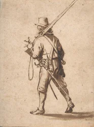 En vandrande musketör, sedd bakifrån, 1600-talet.