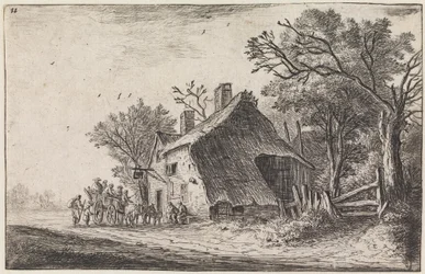 Resenärernas ankomst till värdshuset (nr 2 i en serie om 12 tryck)