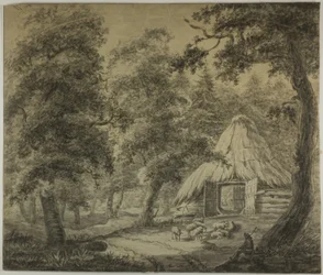 Halmtak hydda i skogen med herde och får