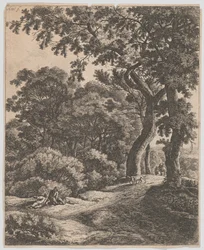 Två resenärer vilar i skogen, 1600-talet.