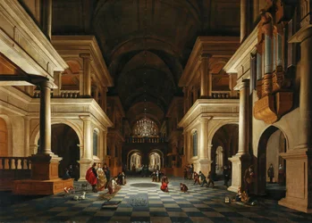Interiören av en kyrka med eleganta figurer, 1632.