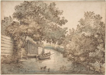 Kanal med en båt och änder