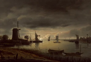 Flodscen med väderkvarn och båtar, kväll, ca. 1645.