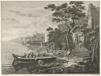 Figurer vid en pråm i ett bergslandskap