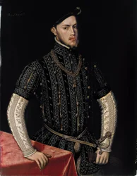 Porträtt av Filip II (1527-1598), kung av Spanien och Portugal - Målning av Antonis (Anthonis) Mor (cirka 1517-1577), olja på trä (107,5x83,3 cm), ca 1550 - Porträtt av Filip II, kung av Spanien och Portugal, Olja på trä av Antonis Mor, ca 1550 - Pr