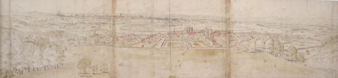 Greenwich Palace och London från Greenwich Hill (penna och brunt bläck och akvarell över indikationer i svart krita)