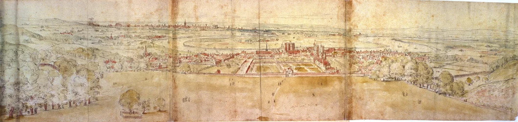 Greenwich Palace och London från Greenwich Hill, ca 1544 (penna, bläck, krita och wc på papper)